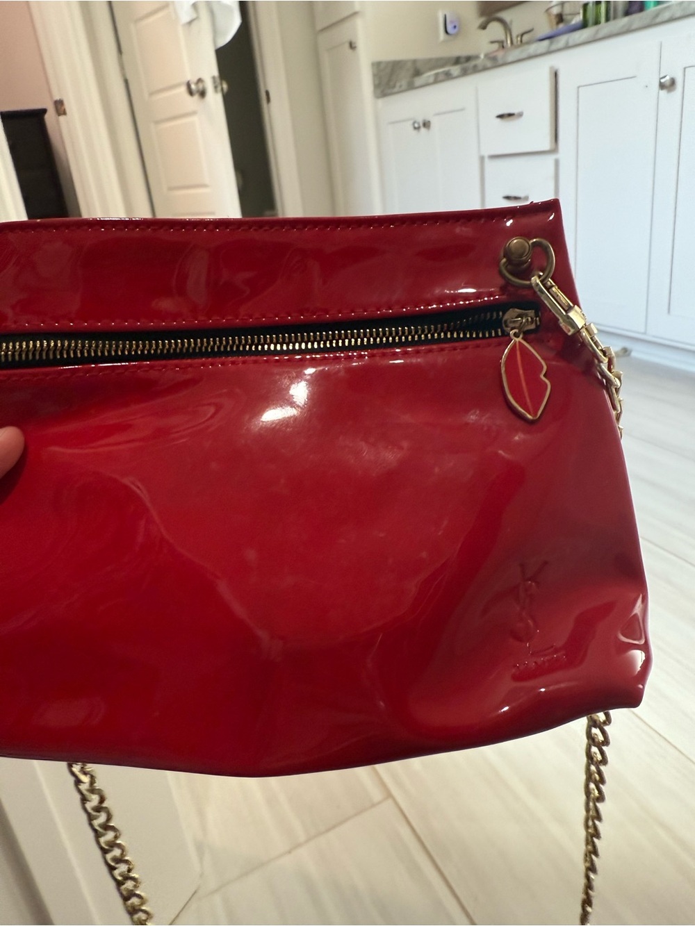 Saint Laurent Red Patent Leather Chain Clutch with Gold Hardware